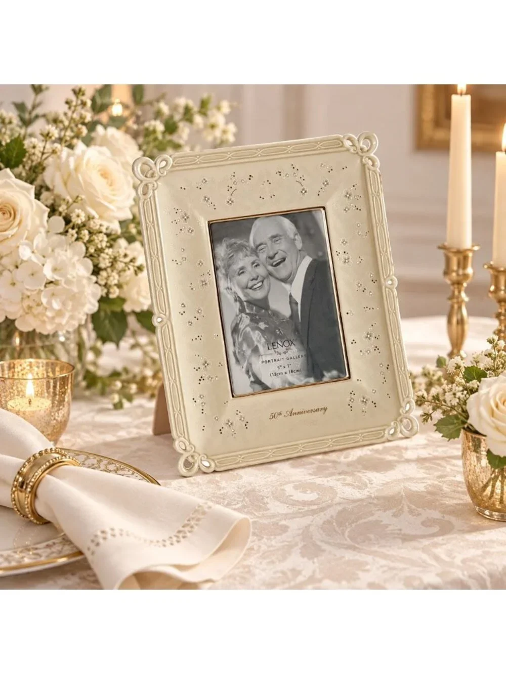 Lenox 50th Anniversary Picture Frame Vtg Ivory Porcelain Keepsake Gold Wedding